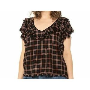 Faherty black V-neck red tartan plaid short sleeve shirt XS NWT